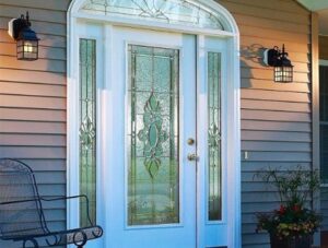 wood and glass door of a house with vinyl siding