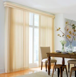 Window blinds on windows in a living room.