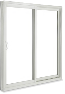 A sliding patio door with white frames on a white background. 